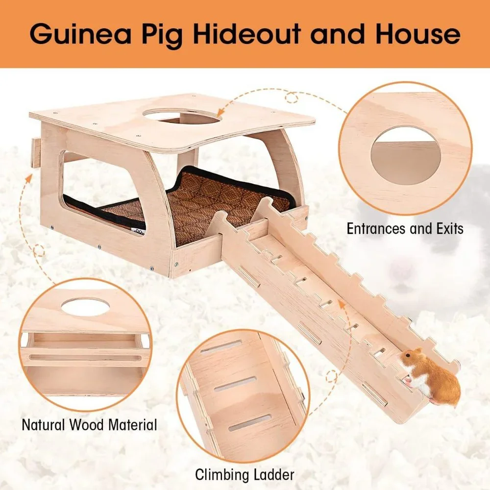 Haldane Guinea Pig Hideout - Wooden Small Animal Hideout with Mat & Ladder, Vent